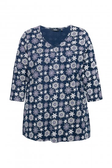 Ulla Popken Snowflake Print 3/4 Sleeve A-Line Tee Navy - Tricouri imprimate pentru femei - 