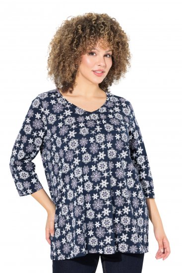 Ulla Popken Snowflake Print 3/4 Sleeve A-Line Tee Navy - Tricouri imprimate pentru femei - 