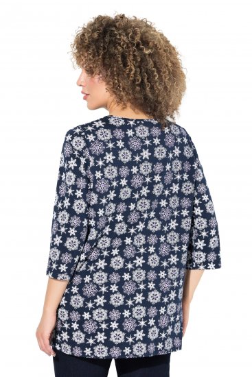 Ulla Popken Snowflake Print 3/4 Sleeve A-Line Tee Navy - Tricouri imprimate pentru femei - 