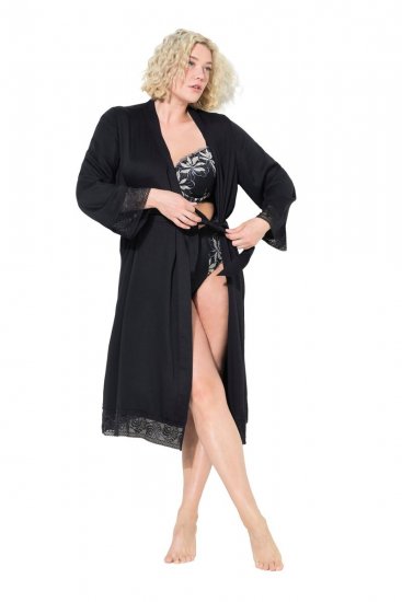 Ulla Popken 834837 Halat kimono cu dantelă Neagră - Halate - 