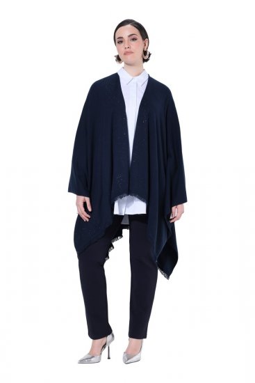 Ulla Popken 841117 Poncho tricotat oversize cu strasuri Bleumarin - Ponchouri și pelerine - 