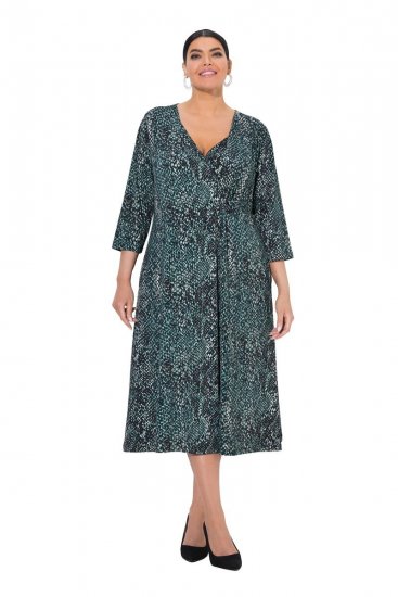 Ulla Popken 841839 Rochie din jerseu cu imprimeu animal și mânecă 3/4 Verde închis - Rochii midi - Rochii midi la marimi mari