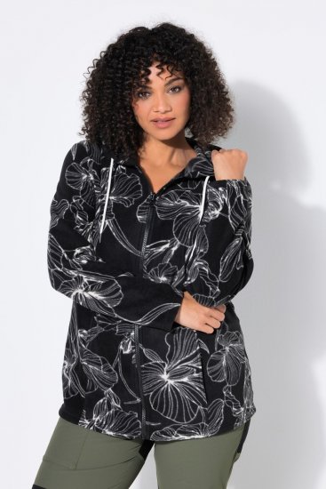 Ulla Popken 842758 Geacă din polar cu flori și glugă Neagră - Haine fleece - 