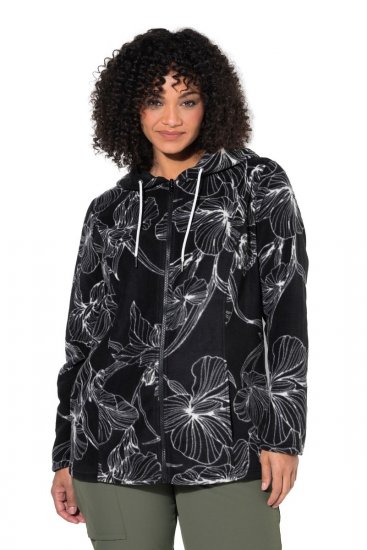 Ulla Popken 842758 Geacă din polar cu flori și glugă Neagră - Haine fleece - 