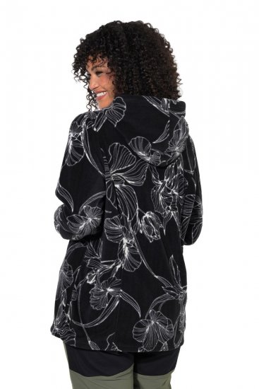 Ulla Popken 842758 Geacă din polar cu flori și glugă Neagră - Haine fleece - 