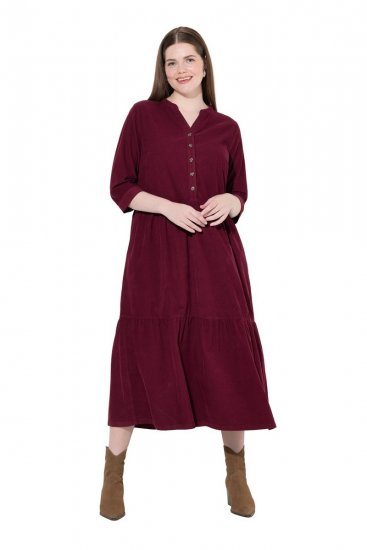 Ulla Popken 843383 Rochie din catifea reiată cu mânecă 3/4 Roșu vin - Rochii maxi - Rochii maxi marimi mari