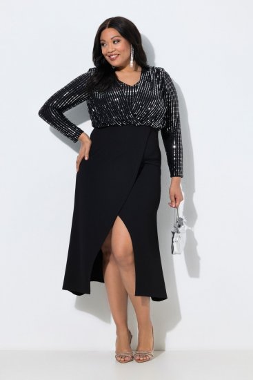 Ulla Popken 845151 Rochie în dungi cu decolteu în V Neagră - Rochii de seară - Rochii de seară marimi mari