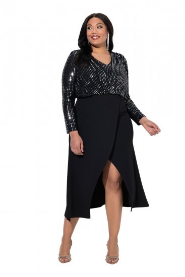 Ulla Popken 845151 Rochie în dungi cu decolteu în V Neagră - Rochii de seară - Rochii de seară marimi mari