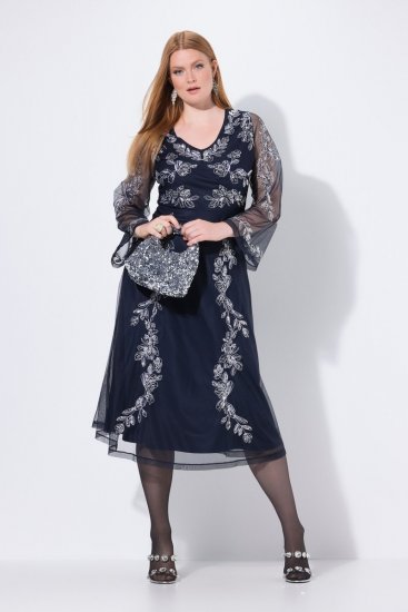 Ulla Popken 845366 Rochie cu paiete cu flori Bleumarin - Rochii de seară - Rochii de seară marimi mari