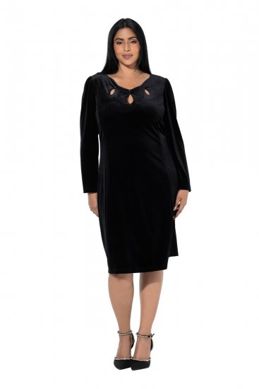 Ulla Popken 845573 Rochie din catifea cu mânecă lungă Neagră - Rochii de seară - Rochii de seară marimi mari