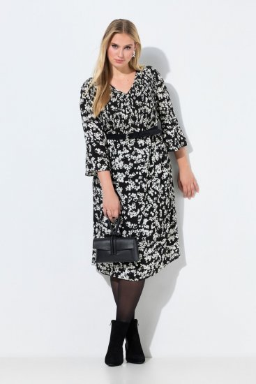Ulla Popken 845825 Rochie midi cu flori și mânecă 3/4 Neagră - Rochii midi - Rochii midi la marimi mari