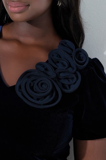 Ulla Popken 846051 Rochie din catifea cu mânecă scurtă Bleumarin - Rochii de seară - Rochii de seară marimi mari