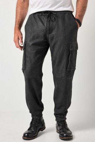 JP1880 847064 Pantaloni cargo din piele nappa de miel Neagră - Pantaloni din piele pentru bărbați în mărimi mari - Pantaloni din piele marimi mari