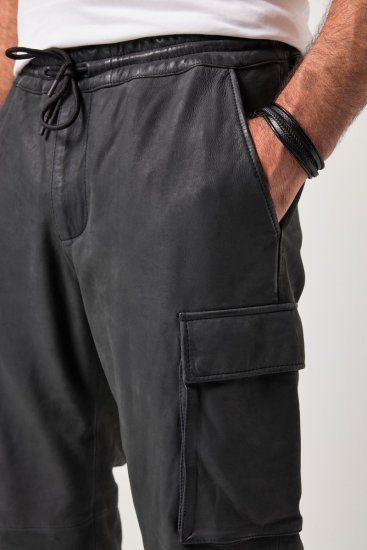 JP1880 847064 Pantaloni cargo din piele nappa de miel Neagră - Pantaloni din piele pentru bărbați în mărimi mari - Pantaloni din piele marimi mari
