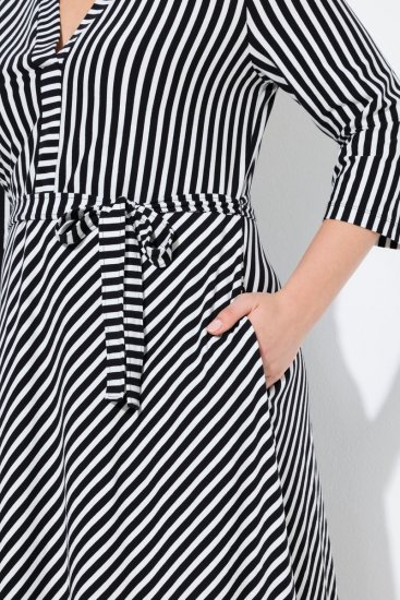 Ulla Popken 848052 Rochie midi în dungi cu cordon de legat Neagră - Rochii midi - Rochii midi la marimi mari