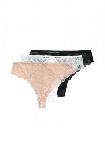 Ulla Popken 848522 Chiloți tanga cu dantelă set de 3 Neagră - Chiloți - 