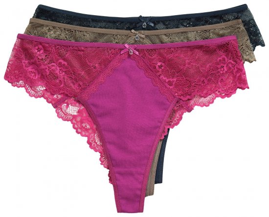 Ulla Popken 848522 Chiloți tanga cu dantelă set de 3 Mov închis - Chiloți - 