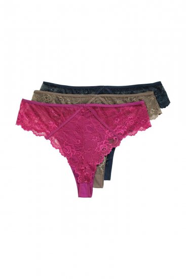 Ulla Popken 848522 Chiloți tanga cu dantelă set de 3 Mov închis - Chiloți - 