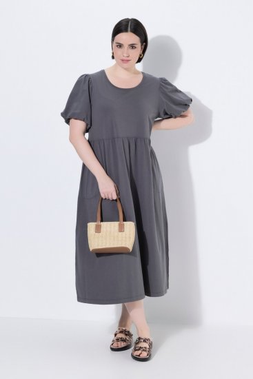 Ulla Popken 848575 Rochie maxi cu mânecă scurtă și buzunare Antracit - Rochii maxi - Rochii maxi marimi mari