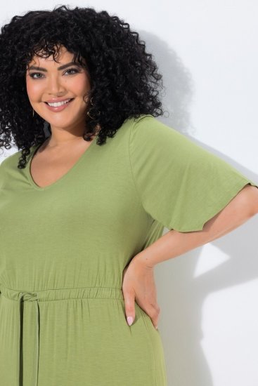Ulla Popken 848829 Rochie midi cu mânecă scurtă și șnur Verde deschis - Rochii midi - Rochii midi la marimi mari