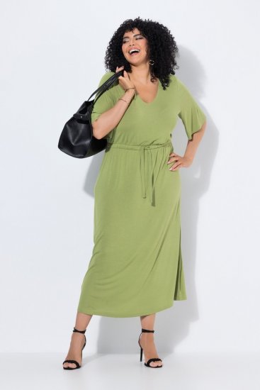 Ulla Popken 848829 Rochie midi cu mânecă scurtă și șnur Verde deschis - Rochii midi - Rochii midi la marimi mari