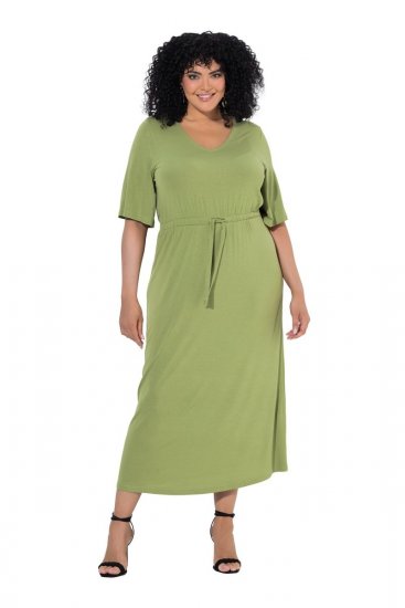 Ulla Popken 848829 Rochie midi cu mânecă scurtă și șnur Verde deschis - Rochii midi - Rochii midi la marimi mari