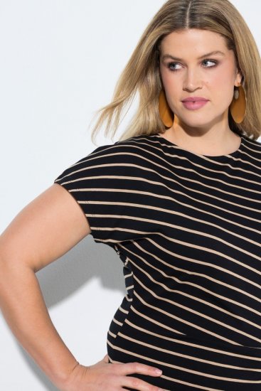 Ulla Popken 848921 Rochie din jerseu în dungi cu cordon de legat Neagră - Rochii maxi - Rochii maxi marimi mari