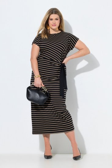 Ulla Popken 848921 Rochie din jerseu în dungi cu cordon de legat Neagră - Rochii maxi - Rochii maxi marimi mari