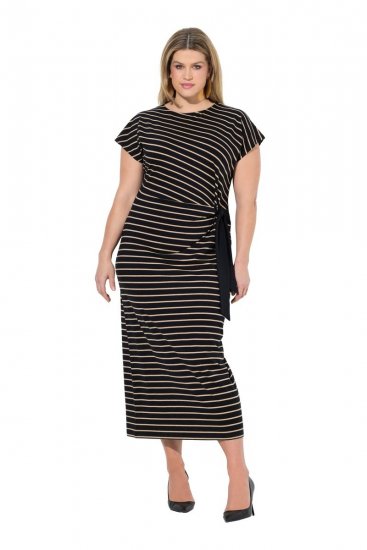 Ulla Popken 848921 Rochie din jerseu în dungi cu cordon de legat Neagră - Rochii maxi - Rochii maxi marimi mari