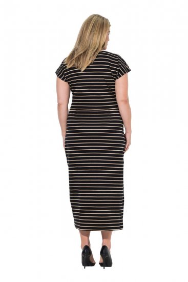 Ulla Popken 848921 Rochie din jerseu în dungi cu cordon de legat Neagră - Rochii maxi - Rochii maxi marimi mari
