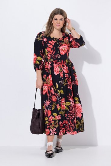Ulla Popken 849593 Rochie tip cămașă cu flori Bleumarin - Rochii maxi - Rochii maxi marimi mari