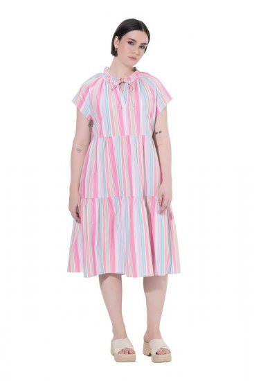 Ulla Popken 849969 Rochie midi în dungi cu volane Roz - Rochii midi - Rochii midi la marimi mari