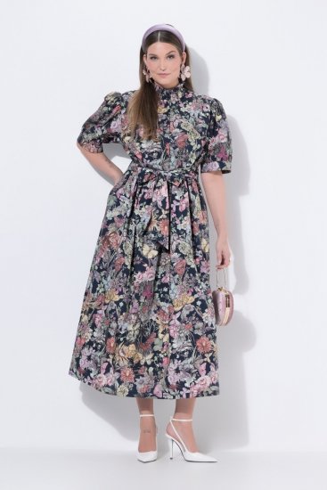 Ulla Popken 850298 Rochie tip cămașă cu flori Bleumarin - Rochii maxi - Rochii maxi marimi mari