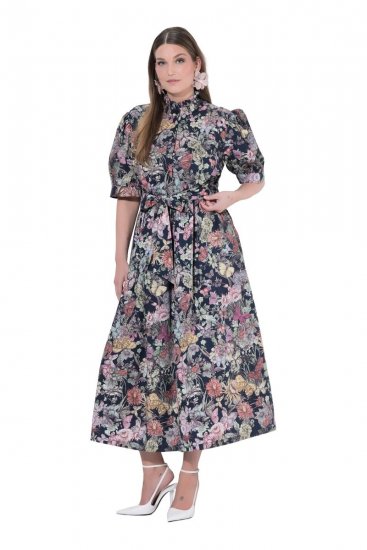 Ulla Popken 850298 Rochie tip cămașă cu flori Bleumarin - Rochii maxi - Rochii maxi marimi mari