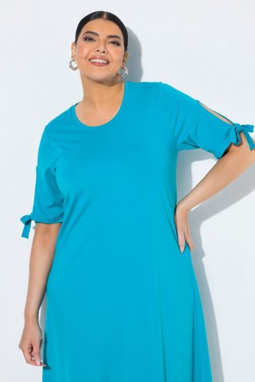 Ulla Popken 850724 Rochie midi cu mânecă scurtă și cordon de legat Turcoaz - Rochii midi - Rochii midi la marimi mari