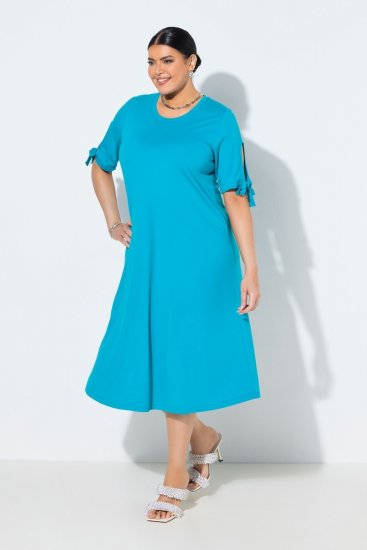 Ulla Popken 850724 Rochie midi cu mânecă scurtă și cordon de legat Turcoaz - Rochii midi - Rochii midi la marimi mari