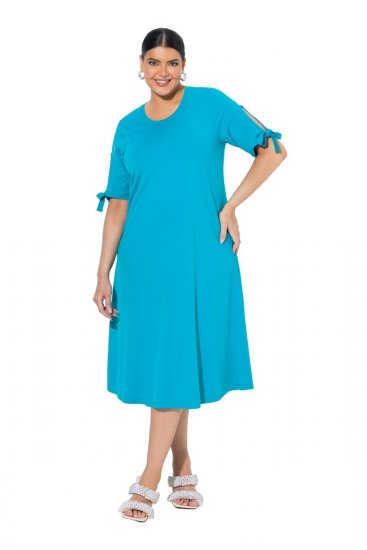 Ulla Popken 850724 Rochie midi cu mânecă scurtă și cordon de legat Turcoaz - Rochii midi - Rochii midi la marimi mari