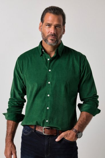 JP1880 850921 Cămașă din catifea reiată cu mânecă lungă Verde pădure TALL - TALL cămăși - Cămăși TALL pentru bărbați înalți