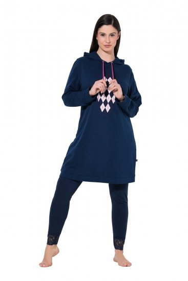 Ulla Popken 851749 Rochie de casă în carouri cu glugă Bleumarin - Pijamale/Haine de casă - 