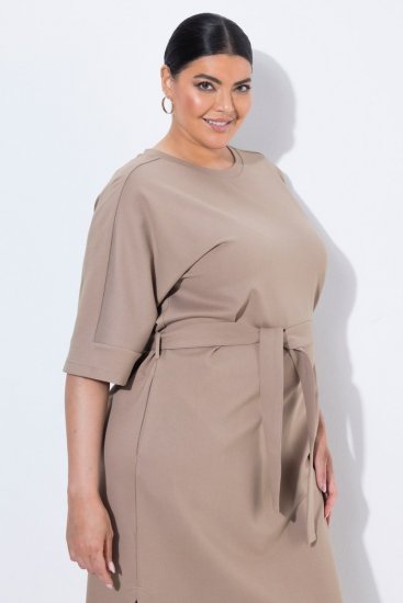 Ulla Popken 852288 Rochie midi cu mânecă scurtă și cordon de legat Maro deschis - Rochii midi - Rochii midi la marimi mari