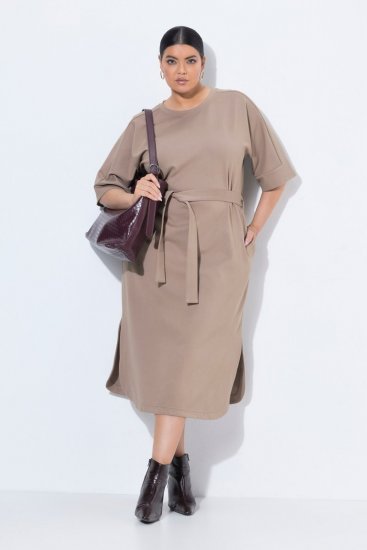 Ulla Popken 852288 Rochie midi cu mânecă scurtă și cordon de legat Maro deschis - Rochii midi - Rochii midi la marimi mari