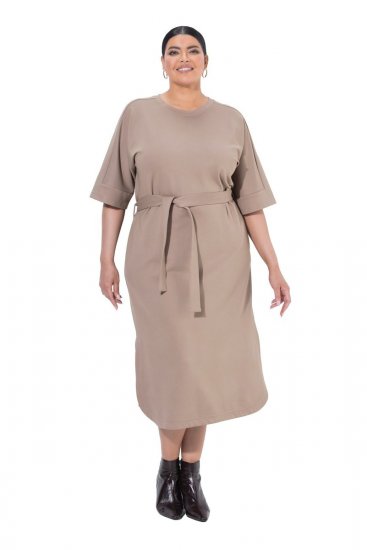 Ulla Popken 852288 Rochie midi cu mânecă scurtă și cordon de legat Maro deschis - Rochii midi - Rochii midi la marimi mari