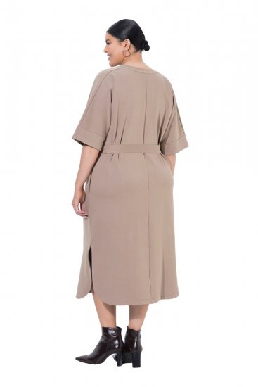 Ulla Popken 852288 Rochie midi cu mânecă scurtă și cordon de legat Maro deschis - Rochii midi - Rochii midi la marimi mari