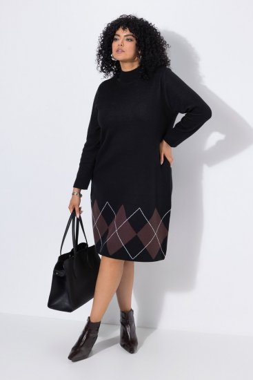 Ulla Popken 852597 Rochie tricotată imprimată cu guler înalt Neagră - Rochii tricotate - 