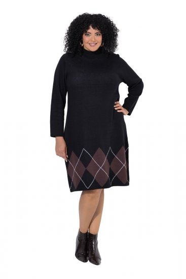 Ulla Popken 852597 Rochie tricotată imprimată cu guler înalt Neagră - Rochii tricotate - 