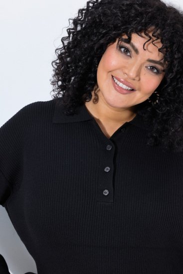 Ulla Popken 852630 Rochie tricotată cu mânecă lungă Neagră - Rochii midi - Rochii midi la marimi mari