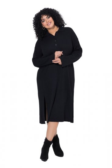 Ulla Popken 852630 Rochie tricotată cu mânecă lungă Neagră - Rochii midi - Rochii midi la marimi mari