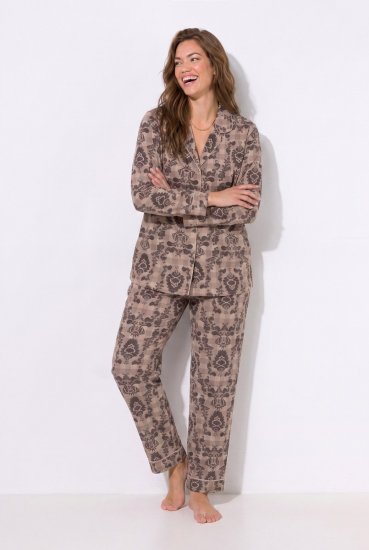 Ulla Popken 852649 Pijama cu model și guler de cămașă Maro - Pijamale/Haine de casă - 