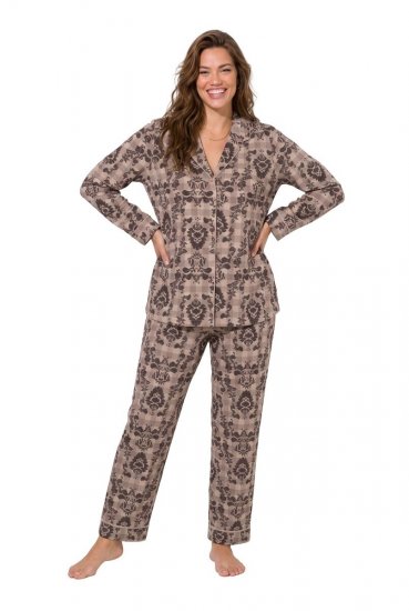 Ulla Popken 852649 Pijama cu model și guler de cămașă Maro - Pijamale/Haine de casă - 