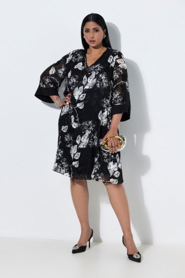 Ulla Popken 852959 Rochie cu flori și mânecă 3/4 Neagră - Rochii midi - Rochii midi la marimi mari
